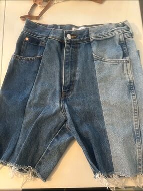 Two-Tone Blue Denim Jean Shorts with Frayed Hem